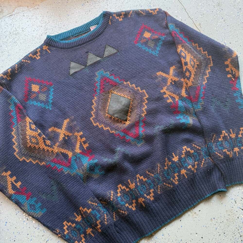 Vintage 90s Southwestern Aztec Print Crewneck Sweater with Leather Trim - Picture 3 of 7
